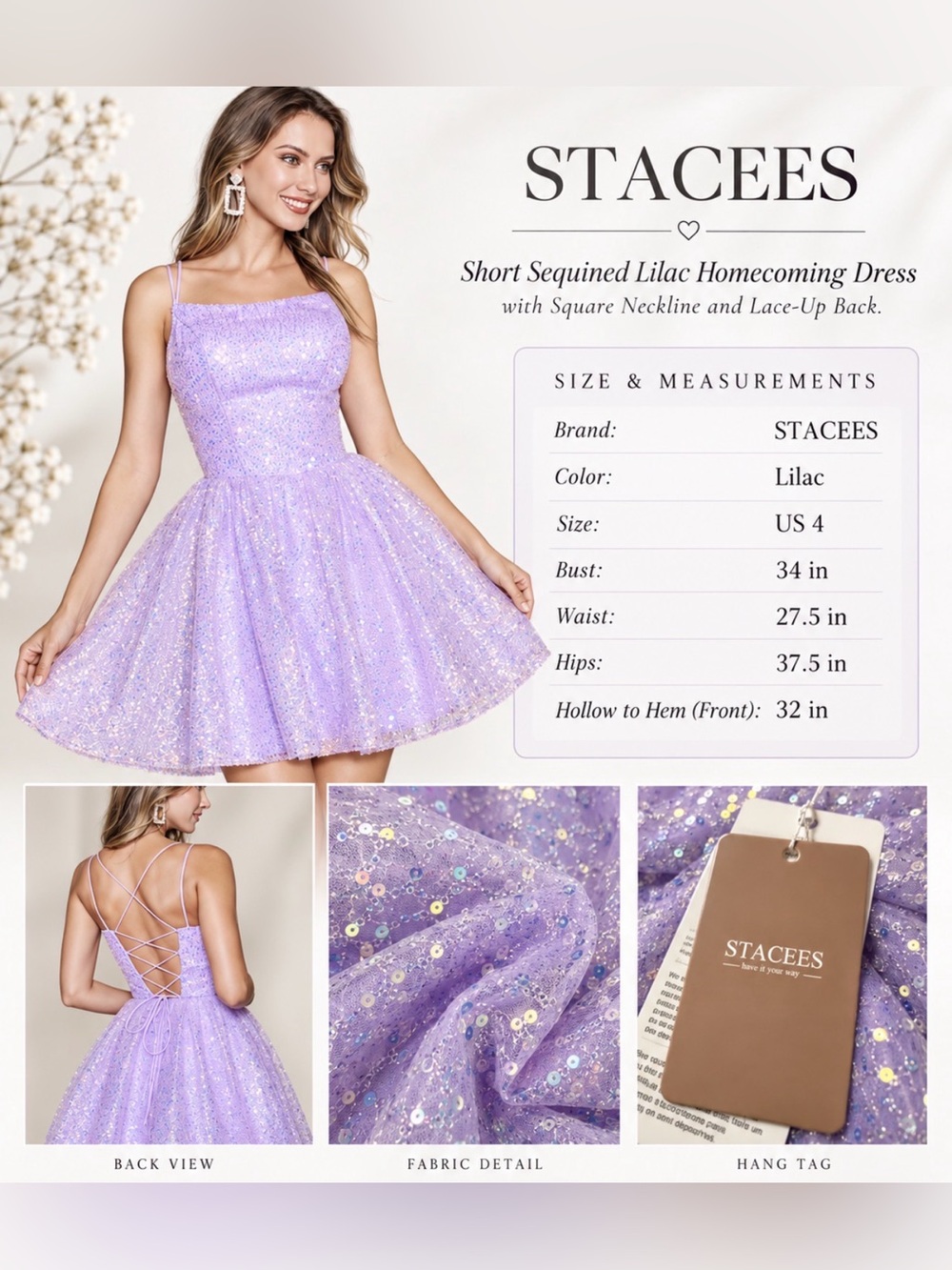 STACEES Lilac Sequin Mini Prom Homecoming Dress US 4 Lace-Up Back